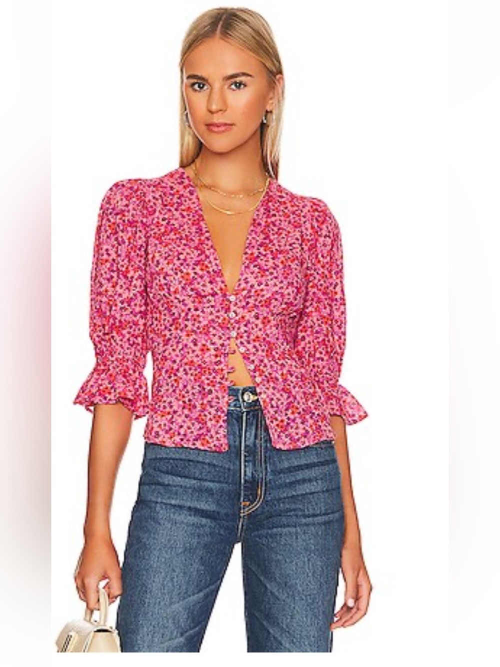 Free People Pink Floral V-Neck Button-Front Blouse